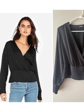 Express Black Wrap V-Neck Long Sleeve Peplum Blouse